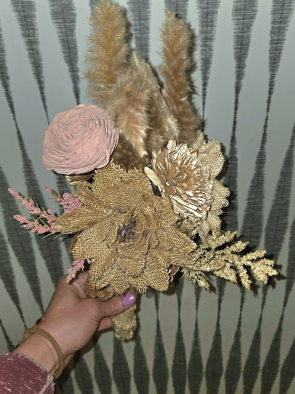 Rustic Boho Floral Bouquet Neutral Pink Pampas Grass Burlap Wedding Décor - Picture 5 of 10